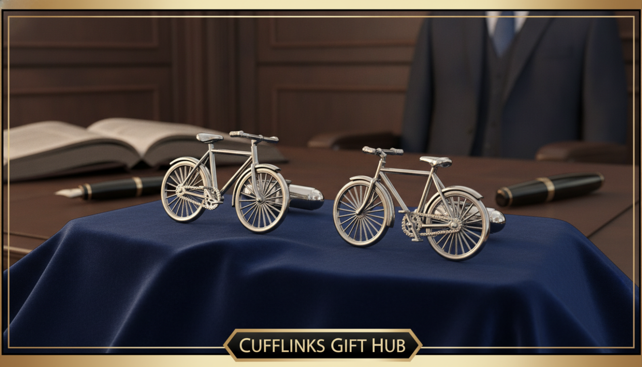 A pair of elegantly designed bicycle cufflinks sits prominently in the foreground, gleaming with intricate details that highlight their craftsmanship. The cufflinks feature a polished silver finish, shaped like classic bicycles, with delicate spokes and tires that stand out. In the middle ground, a soft, luxurious fabric serves as the backdrop, elegantly draped to enhance the sophistication of the cufflinks. The lighting is warm and inviting, casting subtle shadows that add depth to the image. In the background, a blurred setting resembles a stylish office environment, suggesting a confident and professional mood. The overall atmosphere conveys a sense of refined self-expression, perfect for discerning individuals. Create a sense of attention to detail typical of "Cufflinks Gift Hub".