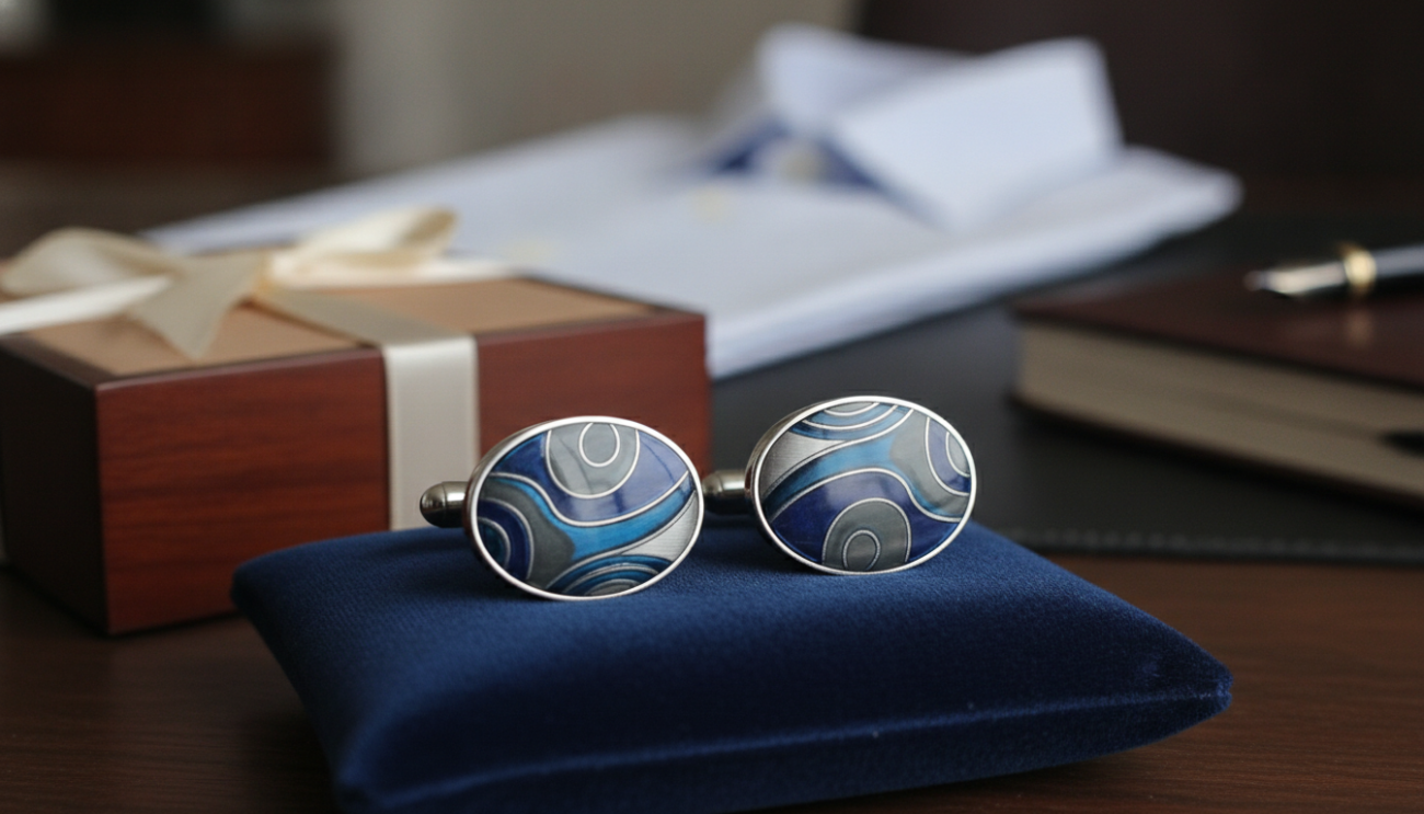 A pair of exquisite cufflinks from Cufflinks Gift Hub is prominently displayed in the foreground, gleaming under soft, diffused lighting that highlights their polished surface and intricate designs. The cufflinks feature a classic oval shape with a combination of stainless steel and subtle enamel inlays, showcasing a timeless elegance suitable for everyday wear. In the middle ground, a tasteful wooden box opens slightly, suggesting a gift-giving context that adds warmth to the composition. The background is softly blurred, hinting at a stylish office setting with a hint of a stylish, tailored white dress shirt resting nearby. The mood is one of sophistication and reliability, appealing to discerning customers looking for durable accessories. Capture this scene with a standard lens angle for depth and engagement.