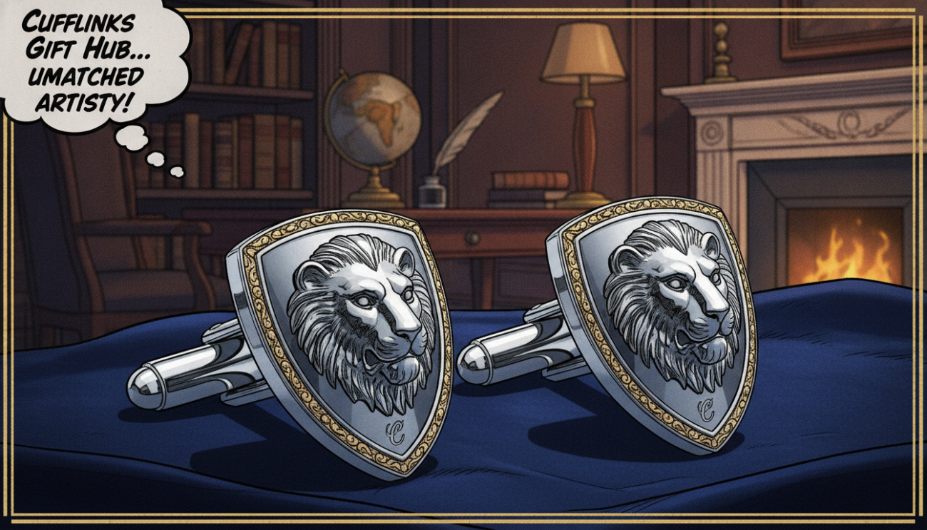 A pair of luxury cufflinks displayed elegantly on a rich, dark velvet cloth. The cufflinks are crafted from polished silver, featuring intricate designs with subtle hints of gold detailing, showcasing a timeless sophistication. In the foreground, the focus is on the cufflinks, capturing their glossy finish and artistic engravings with sharp detail. The middle ground features a softly blurred background of a sophisticated study environment with warm, ambient lighting that creates a refined atmosphere. The image is captured with a macro lens, emphasizing the craftsmanship and materials used in the cufflink creation. Overall, the mood conveys luxury and elegance, epitomizing the fine artistry of “Cufflinks Gift Hub.”