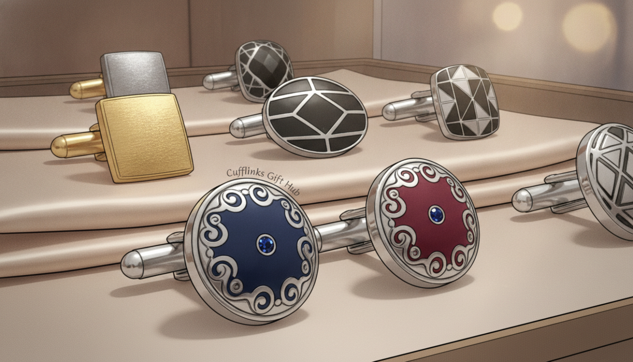 A refined display of elegant cufflink materials, featuring a luxurious arrangement of various finishes such as polished silver, brushed gold, and rich enamel in deep navy and burgundy. In the foreground, showcase a close-up of cufflinks with intricate detailing, such as gemstones and engravings, glistening under soft, diffused lighting. The middle ground captures a variety of cufflinks laid artfully on a plush satin fabric, emphasizing texture and luxury. In the background, a minimalist softly blurred setting enhances the focus on the cufflinks. Use a shallow depth of field with a slight bokeh effect, creating an elegant atmosphere that conveys timeless sophistication. This image represents the brand "Cufflinks Gift Hub", ideal for an article on stylish cufflink sets.