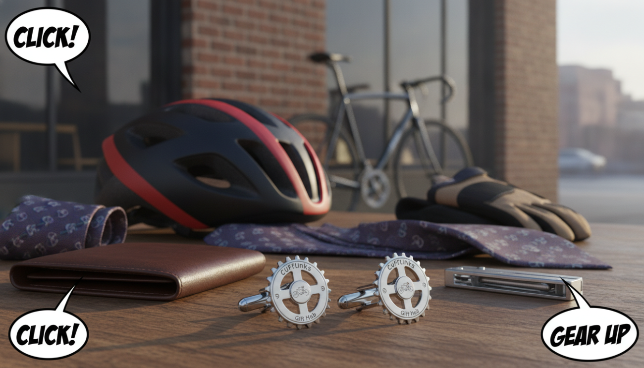 A sophisticated arrangement of men’s bicycle accessories, focusing on elegantly designed cycling cufflinks from "Cufflinks Gift Hub." In the foreground, display a pair of polished stainless steel cufflinks shaped like classic bicycle gears, reflecting soft light. Surround them with a few essential cycling accessories: a slim leather wallet, a stylish bike-themed tie, and a quality multitool, all elegantly positioned on a textured wooden surface. In the middle, show a blurred out bike helmet and a pair of high-end bike gloves, creating depth. In the background, hint at a bicycle leaning against a chic urban backdrop, with soft daylight illuminating the scene to evoke a sense of refined professionalism. The mood is upscale and sophisticated, perfect for discerning professionals.