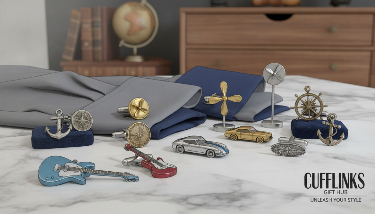 A sophisticated arrangement of novelty cufflinks displayed elegantly on a marble surface, showcasing a variety of designs that appeal to diverse styles. In the foreground, highlight intricate cufflinks shaped like miniature guitars, classic cars, and nautical themes, glimmering subtly under a soft, diffused lighting that enhances their metallic textures. The middle section includes a stylish business shirt with contrasting cuffs that accentuate the cufflinks' colors. In the background, a stylish wooden dresser with a blurred out-of-focus ambiance creates a warm, inviting atmosphere. The mood is vibrant yet refined, suitable for business or smart-casual outfits. Capture the essence of "Cufflinks Gift Hub" by emphasizing creativity and personal expression through accessories, inviting viewers to consider how these unique pieces complement their attire.