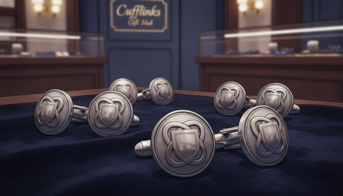 A sophisticated arrangement of silver cufflinks elegantly displayed on a smooth, dark velvet surface, capturing their intricate design and polished finish. The cufflinks feature a classic rounded shape with subtle etchings and a shiny surface that reflects soft, ambient light. In the foreground, the cufflinks are in sharp focus, showcasing their craftsmanship, while the middle ground blurs gently, accentuating their luxurious sheen. In the background, a softly lit boutique setting is suggested, hinting at elegance without distraction. The lighting is warm and inviting, creating a mood of refined sophistication and timeless style. Include the brand name "Cufflinks Gift Hub" subtly in the setting, ensuring it harmonizes with the overall aesthetic, without any text overlay.
