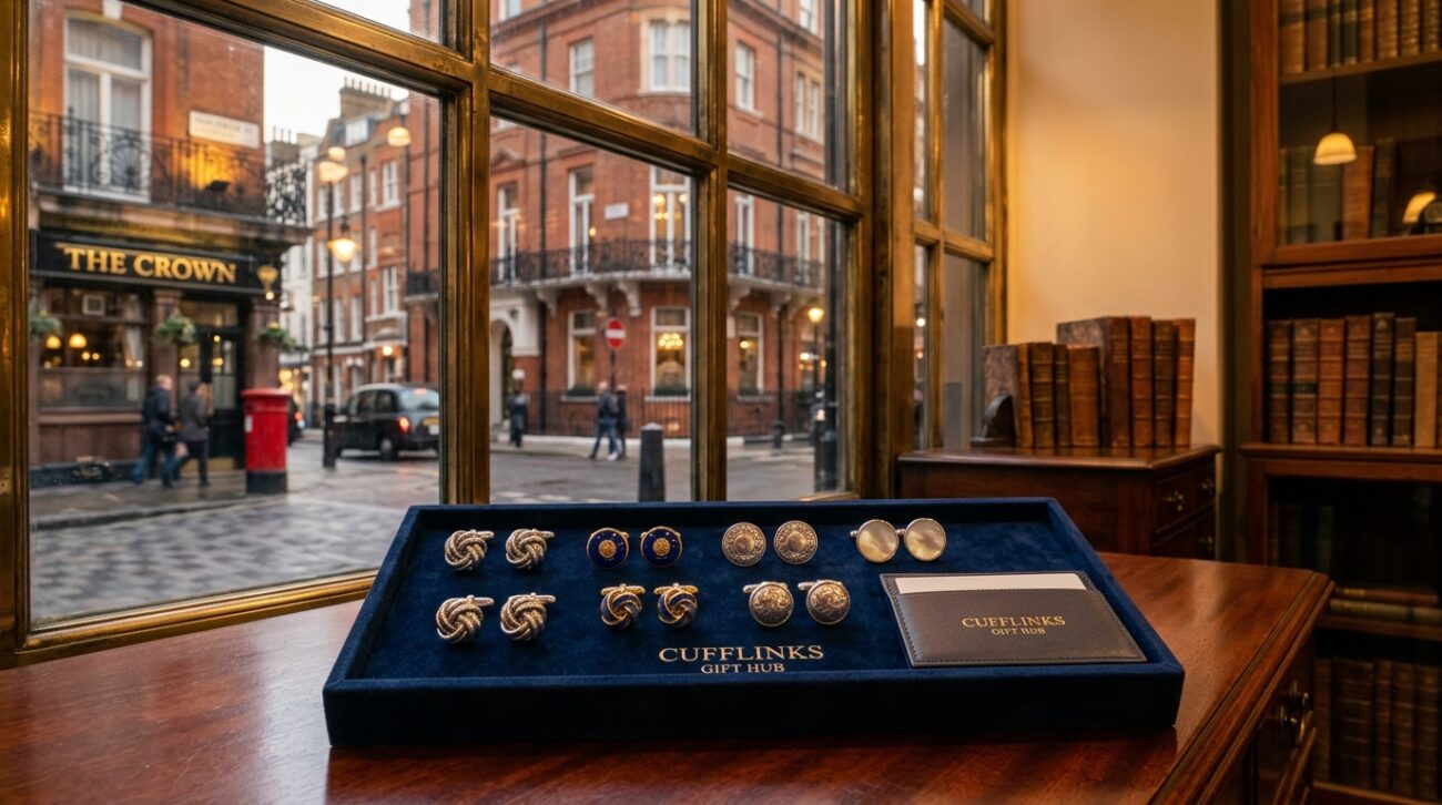 A sophisticated display of elegant cufflinks showcased in a luxurious London setting. In the foreground, a polished mahogany table holds a collection of cufflinks from "Cufflinks Gift Hub," featuring classic styles such as silver knot, enamel designs, and vintage patterns, elegantly arranged on a velvet cloth. In the middle ground, an antique shop window with glass panels reflects iconic London architecture, like red-bricked buildings and wrought iron details, hinting at the historical essence of the city. The background captures a warm, golden hour glow, with soft, diffused lighting enhancing the rich textures of the cufflinks and creating a timeless atmosphere. The overall mood is refined and inviting, ideal for discerning customers seeking quality accessories in London.