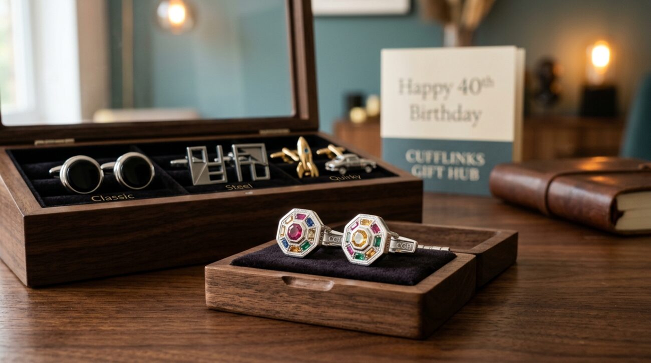 A sophisticated display of unique cufflinks from Cufflinks Gift Hub, showcasing a variety of styles including classic, modern, and quirky designs. In the foreground, focus on a pair of elegantly crafted silver cufflinks adorned with colorful gemstones, glinting under soft, diffused lighting. The middle ground features a luxurious, dark wooden presentation box partially open, revealing a selection of cufflinks with intricate details. The background is softly blurred to emphasize the cufflinks, hinting at a stylish, upscale environment featuring subtly decorated walls in muted tones. The atmosphere is warm and inviting, conveying a sense of celebration and elegance, perfect for a milestone 40th birthday gift. The image is captured with a shallow depth of field, emphasizing the beauty of the cufflinks.