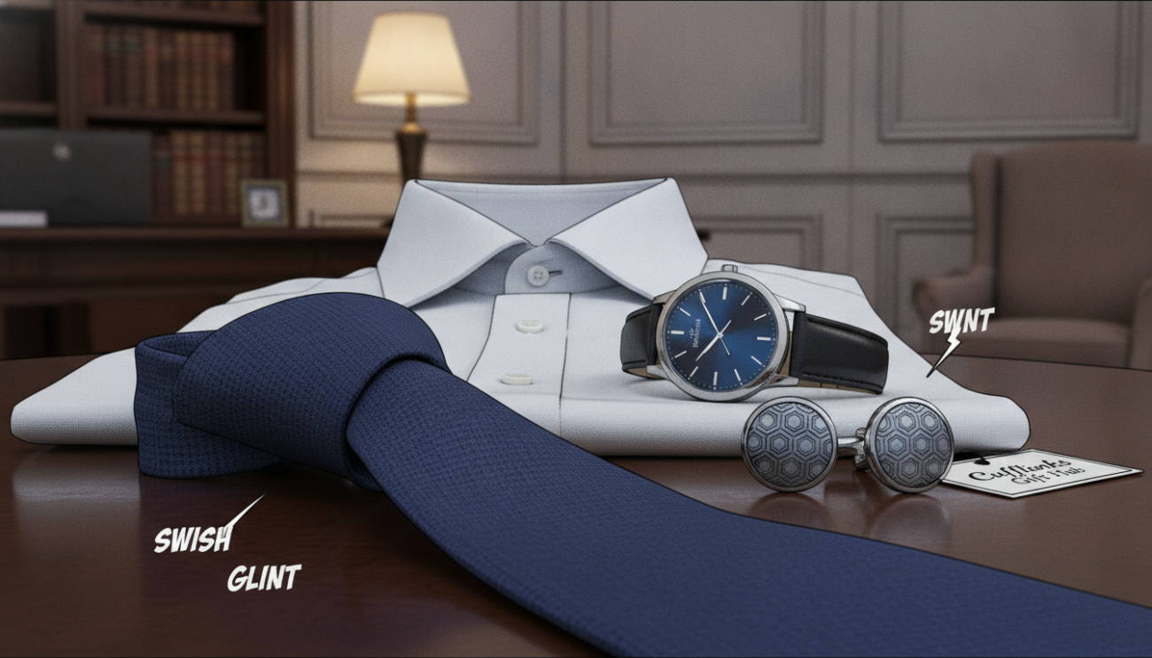 A sophisticated men's formal accessory set displayed elegantly on a polished wooden table. In the foreground, focus on a beautifully knotted silk tie in deep navy blue, complemented by a pair of silver cufflinks, intricately designed with geometric patterns. The middle layer features a classic white dress shirt partially folded to showcase the accessories, while a luxury watch lies nearby, hinting at an upscale vibe. The background is softly blurred, highlighting a tastefully decorated office with warm ambient lighting, casting a gentle glow over the scene. Use a shallow depth of field to create a sense of intimacy, evoking a refined atmosphere perfect for discerning gentlemen. This image represents a balance between formal and casual styles, showcasing products from Cufflinks Gift Hub.