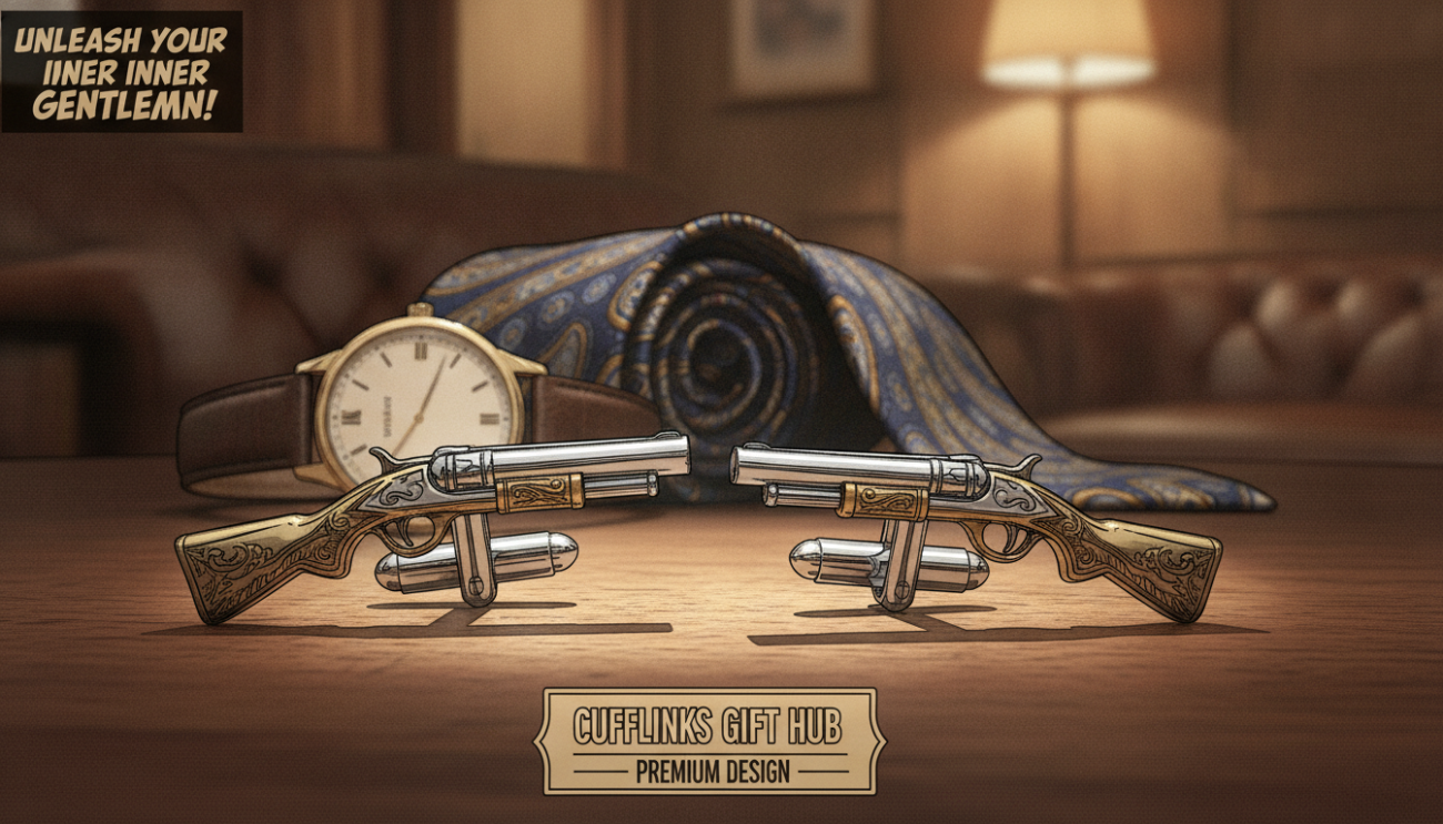 A stunning close-up image of premium shotgun cufflinks showcased elegantly on a polished wooden surface. The cufflinks, intricately designed to resemble miniature shotguns, gleam with a rich metallic finish, highlighting their refined craftsmanship. In the foreground, the cufflinks are prominently displayed with soft, diffused lighting that enhances their details and textures. The middle ground features a subtle arrangement of sophisticated accessories, such as a silk tie and a classic watch, conveying a sense of style and luxury. The background is softly blurred to focus attention on the cufflinks, incorporating warm, inviting tones that evoke an upscale atmosphere. This image represents the high-quality and unique design of "Cufflinks Gift Hub" products.