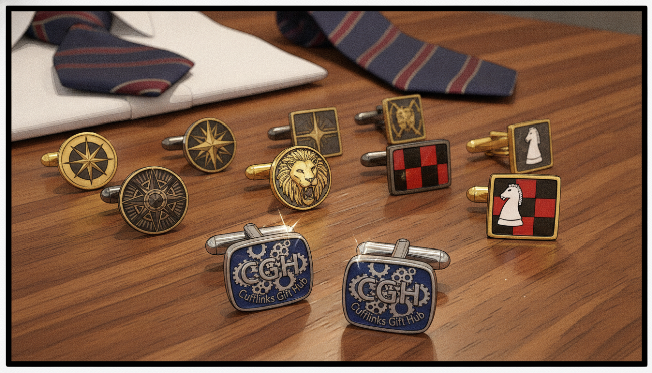 A stunning flat lay composition of various men's custom cufflinks spread across a polished wooden surface. The cufflinks display intricate designs, featuring materials like silver, gold, and enamel, showcasing personalization with initials and unique patterns. In the foreground, a pair of elegant cufflinks stands out, reflecting the soft, warm lighting that glimmers off their surfaces. The middle layer includes additional cufflinks arranged neatly, highlighting their diversity in style and color. The background is softly blurred, featuring a hint of a tailored shirt collar and a tie, creating a sophisticated atmosphere. The entire image is illuminated with a subtle, ambient light, evoking a feeling of luxury and attention to detail. The brand "Cufflinks Gift Hub" subtly integrated into the cufflinks' design, adding a touch of authenticity to the composition.