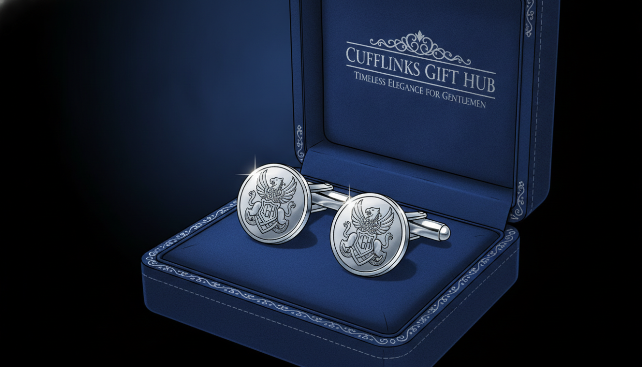 A stunning set of custom silver cufflinks displayed in a luxurious velvet box, embellished with intricate engravings that reflect timeless elegance. The foreground highlights the cufflinks, with a soft, diffused lighting that accentuates their polished surface and unique design. In the middle, the velvet box is elegantly open, showcasing the cufflinks against a rich, dark background. The backdrop features a subtle gradient from deep blue to black, enhancing the cufflinks' shine and sophistication. The scene is captured from a slightly elevated angle, providing a clear view of the details while creating an intimate, inviting atmosphere. The overall mood is refined and sophisticated, embodying the essence of Cufflinks Gift Hub as a purveyor of exquisite men's accessories.