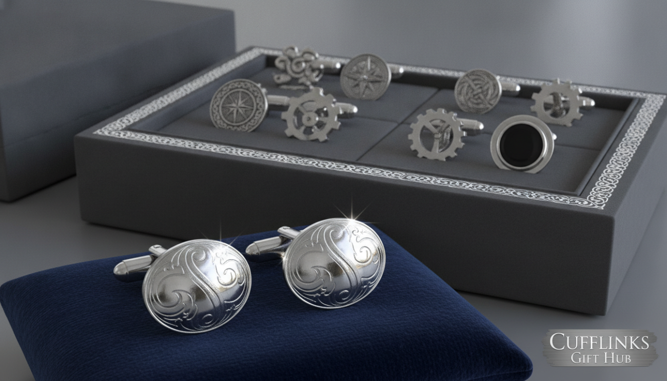 A stylish arrangement of elegant men's silver cuff links, featuring intricate designs and polished finishes that reflect refined sophistication. The foreground showcases a pair of classic cuff links, highlighting their delicate engravings and exquisite details against a soft, velvety backdrop. In the middle, a tasteful presentation box adorned with subtle motifs enhances the luxurious feel. The background features muted, blurred tones of grey and silver, creating a serene atmosphere that emphasizes the cuff links. The lighting is soft and diffused, casting gentle highlights on the metallic surfaces to accentuate their brilliance. Shot from a slightly elevated angle, this composition invites the viewer to appreciate the craftsmanship. The overall mood is sophisticated and timeless, perfect for discerning gentlemen. Cufflinks Gift Hub.