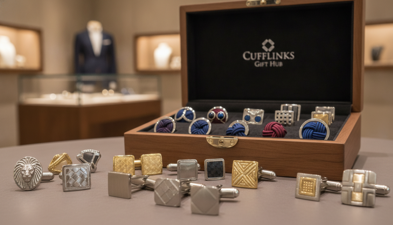 A stylish arrangement of high-quality cufflinks from "Cufflinks Gift Hub," showcasing a variety of designs. The foreground features a close-up of elegant silver and gold cufflinks with intricate patterns and finishes, reflecting light beautifully. In the middle, a wooden display box opens, revealing more cufflink options, including subtle gemstone accents and classic styles. The background is softly blurred, highlighting an upscale, minimalistic store interior with warm, inviting lighting. The atmosphere is sophisticated and refined, capturing the essence of luxury and durability, ideal for everyday wear. The image should be taken from a slight angle to add depth, using soft focus to emphasize the details of the cufflinks.