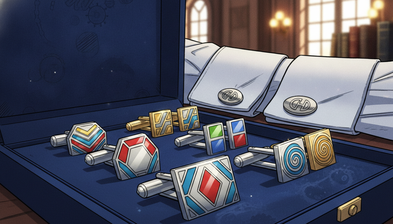 A stylish collection of contemporary cufflinks displayed prominently on a velvet-lined display box, showcasing a variety of trending designs. Foreground features sleek silver and polished gold cufflinks with intricate geometric patterns and vibrant enamel inlays, catching the light beautifully. In the middle, a sophisticated setting includes a tailored white dress shirt partially rolled up, only showing the cuffs adorned with the cufflinks, emphasizing elegance and craftsmanship. The background exhibits a softly blurred luxurious office environment with warm, ambient lighting, enhancing the refined mood. Shot with a macro lens from a slight overhead angle to capture the intricate details, giving the viewer a sense of exclusivity and timeless style. Cufflinks Gift Hub is subtly referenced through the design and presentation without any text overlay.
