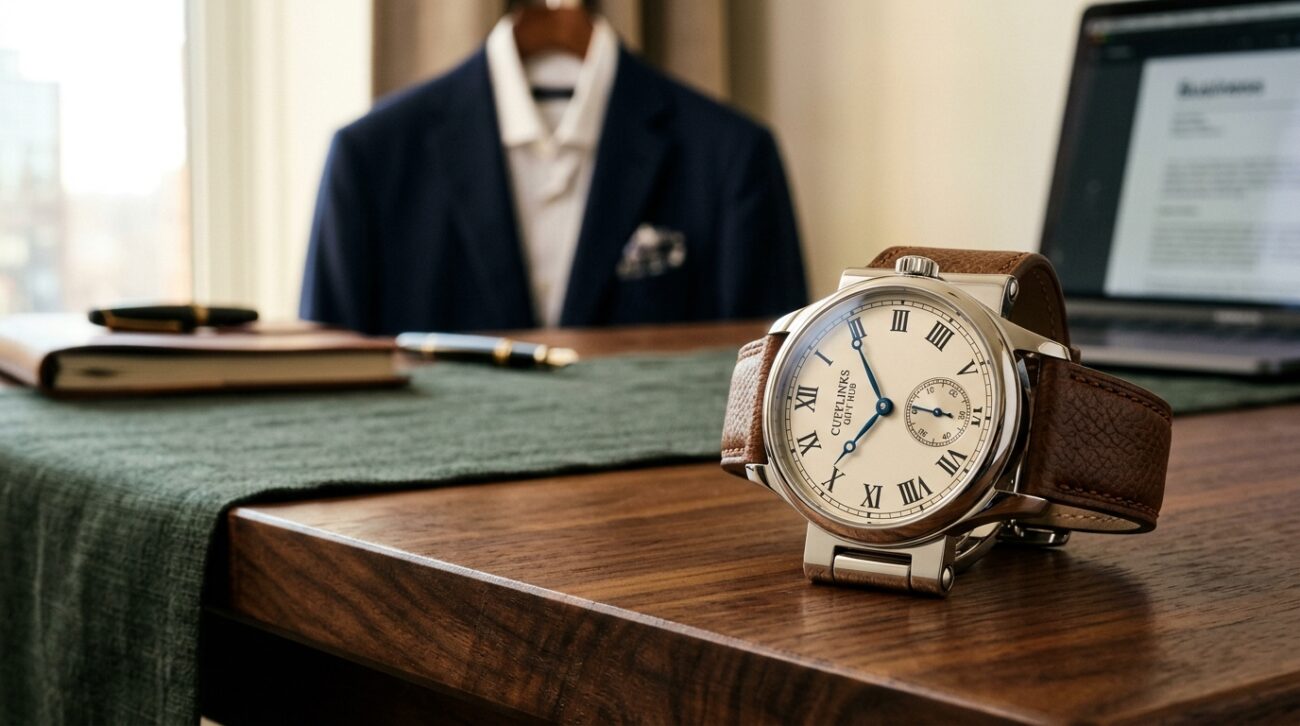 A stylish cufflink watch displayed prominently in the foreground, showcasing intricate details such as the polished stainless steel finish, elegant cufflink mechanism, and a rich leather strap. Glimmering watch hands point to a classic, understated dial with Roman numerals, reflecting sophistication. In the middle ground, a softly blurred, elegant wooden table adds depth, adorned with a subtle, luxurious fabric underneath. The background features a softly lit, minimalist workspace, including muted colors and hints of professional business attire, enhancing the watch's appeal. The lighting is warm and inviting, highlighting the watch’s reflective surfaces, with a slightly angled perspective to create a dynamic composition. The overall mood is refined and sophisticated, perfect for showcasing high-end wrist accessories. Include the brand name "Cufflinks Gift Hub" subtly integrated into the scene.