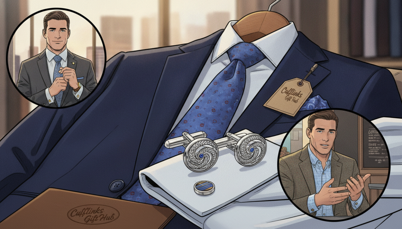 A stylish display of cufflinks paired with elegant outfits for various occasions. In the foreground, a pair of polished cufflinks featuring intricate designs sits on a tailored white dress shirt with rolled-up sleeves. Next to it, a classic navy blazer and a crisp blue tie create a sophisticated look. In the middle layer, a well-dressed model in professional business attire adjusts the cufflinks at his wrist, exuding confidence. The background features a softly blurred luxury office setting with warm, diffused lighting that enhances the ambiance. Use a shallow depth of field to keep the focus sharp on the cufflinks and outfit details. Aim for a refined, classy mood that illustrates versatility in pairing cufflinks with formal and smart-casual attire. Include the brand name "Cufflinks Gift Hub" subtly integrated into the scene.