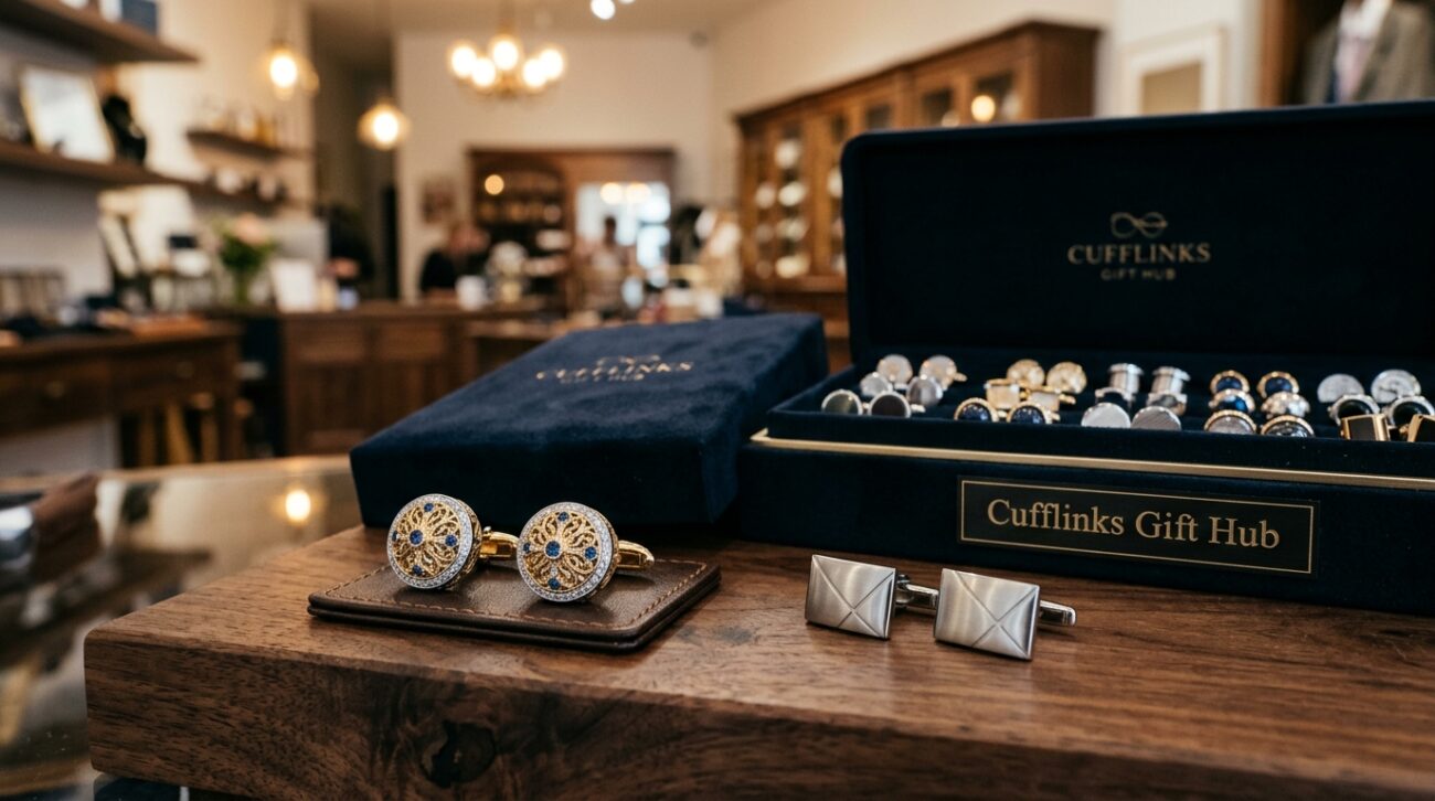 A stylish display of designer cufflinks paired with affordable cufflinks, arranged elegantly on a dark wooden surface. The foreground features a close-up view of intricate designs: one pair showcasing luxurious gemstones and intricate engravings, while the other reflects a sleek, minimalist aesthetic. In the middle ground, a stylish velvet cufflink box is partially open, revealing more cufflinks inside. The background is softly blurred, hinting at a sophisticated retail environment with ambient lighting that creates a warm, inviting atmosphere. The overall mood should convey elegance and accessibility, appealing to a diverse range of gentlemen. Emphasize the brand name "Cufflinks Gift Hub" subtly in the scene, ensuring it blends seamlessly into the composition without dominating the image.