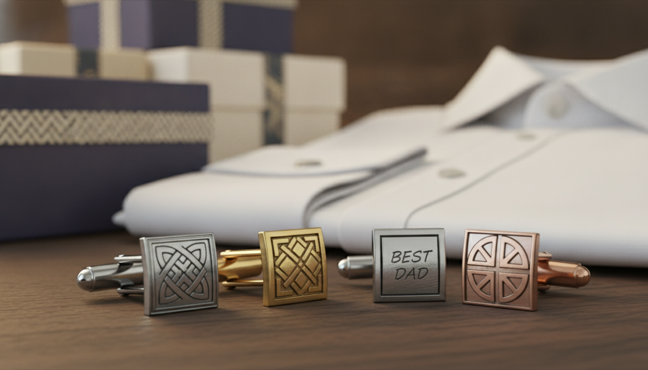 A stylish display of elegant father cufflinks from "Cufflinks Gift Hub", showcased prominently in the foreground, glimmering under soft, diffused lighting. The cufflinks, crafted from high-quality metals, feature intricate designs that evoke sophistication and charm, such as classic knots or personalized engravings. In the middle layer, a neatly folded white shirt with French cuffs adds context, hinting at the refined attire that complements these accessories. The background subtly features a blurred, tasteful array of gift packaging and a wooden table texture, enhancing the luxurious vibe. The composition should evoke a sense of warmth and celebration, ideal for special occasions, captured with a slight angle to create depth, simulating an inviting shopping experience.