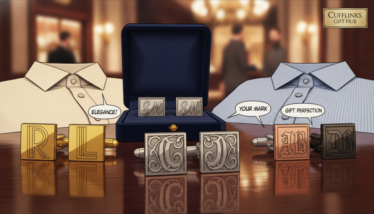 A stylish display of elegant initial cufflinks for men prominently showcased in a refined setting, highlighting a selection from "Cufflinks Gift Hub". In the foreground, a polished wooden table holds several pairs of cufflinks featuring monograms in sophisticated designs and luxurious metals like silver and gold. The middle section includes a soft-focus view of a neatly arranged cufflinks box and a couple of stylized dress shirts, suggesting potential outfit pairings. In the background, a blurred upscale shopping environment gives a hint of sophistication and exclusivity. Soft, warm lighting illuminates the cufflinks, creating a classy atmosphere, while a shallow depth of field and a slight top-down angle emphasize the details of the cufflinks, making them the focal point of the image. The overall mood is one of elegance and luxury, inviting buyers to explore stylish accessories.