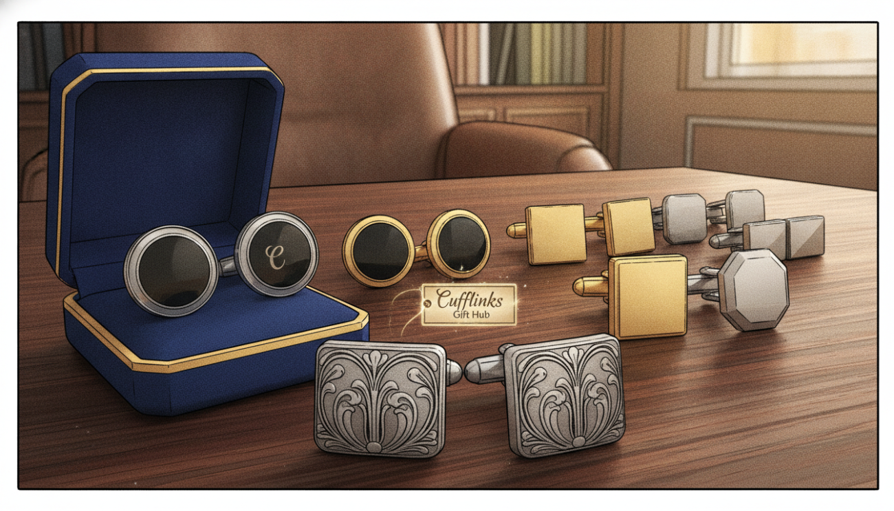 A stylish display of personalized men's cufflinks elegantly arranged on a refined wooden surface. In the foreground, focus on a pair of engraved silver cufflinks featuring intricate floral motifs, alongside a luxurious velvet cufflink box. In the middle, a selection of various designs—ranging from classic round styles to modern square shapes—adds depth, showcasing sophisticated finishes like gold plating and polished stainless steel. In the background, a softly lit, blurred office environment hints at an upscale setting, with gentle lighting emphasizing the luster of the cufflinks. The atmosphere conveys a sense of elegance and exclusivity, ideal for gift giving, particularly for special occasions. The brand "Cufflinks Gift Hub" subtly appears in the arrangement, complementing the overall composition.
