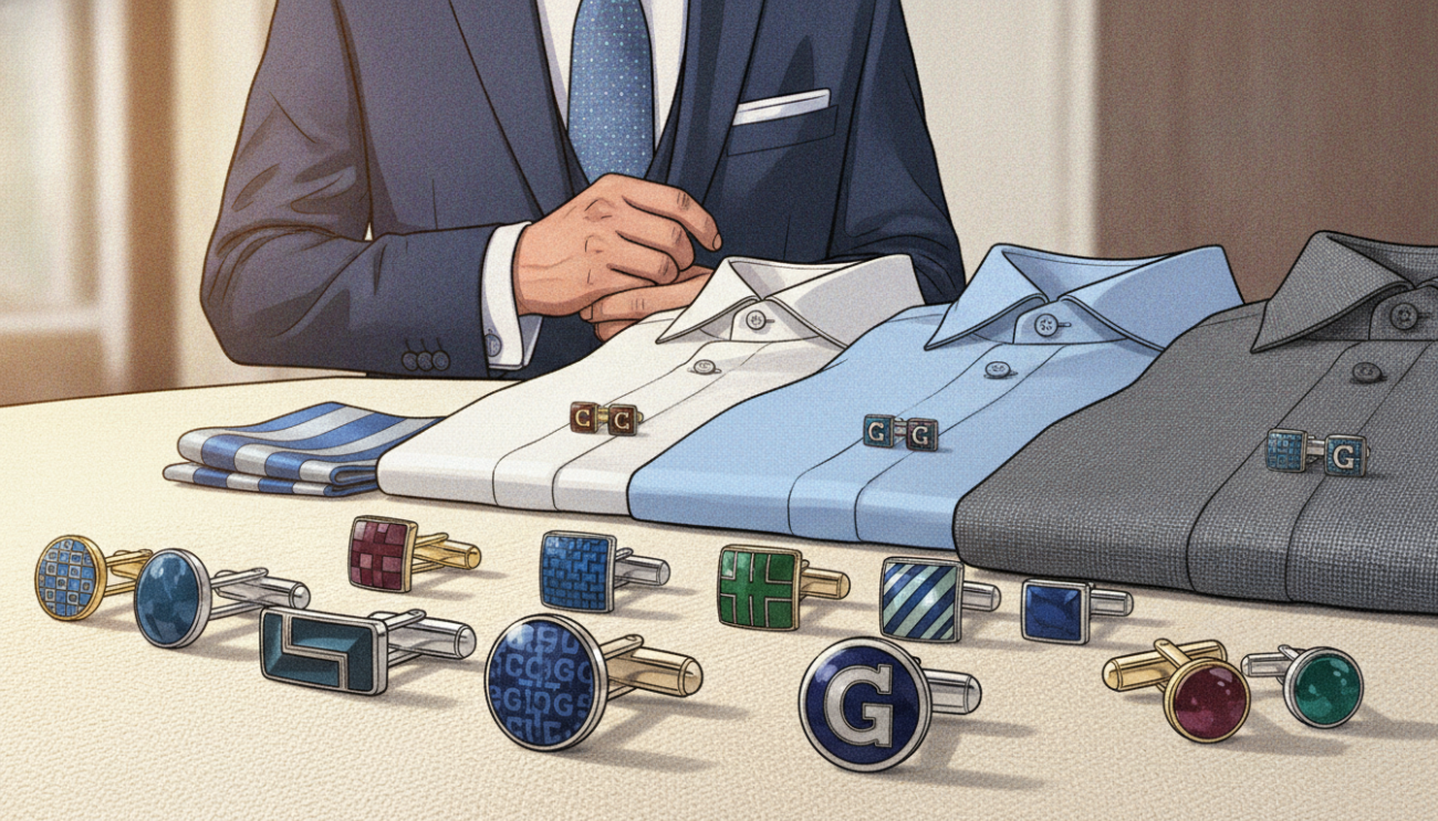 A stylish flat lay arrangement showcasing cufflinks in various colors and patterns, emphasizing color coordination strategies. Foreground features an elegant selection of cufflinks, including classic silver, gold, and modern enamel pieces, displayed on a soft, neutral fabric. The middle ground includes tailored shirts in colors like crisp white, soft blue, and subtle gray, arranged harmoniously beside the cufflinks. In the background, a blurred image of a well-dressed professional man wearing a sharp suit enhances the theme. The lighting is warm and natural, with a soft focus effect to create a sophisticated, inviting atmosphere. The overall mood is chic and polished, providing inspiration for cufflink choices. Include the brand name "Cufflinks Gift Hub" subtly in the composition without text, ensuring a visually appealing and informative image.