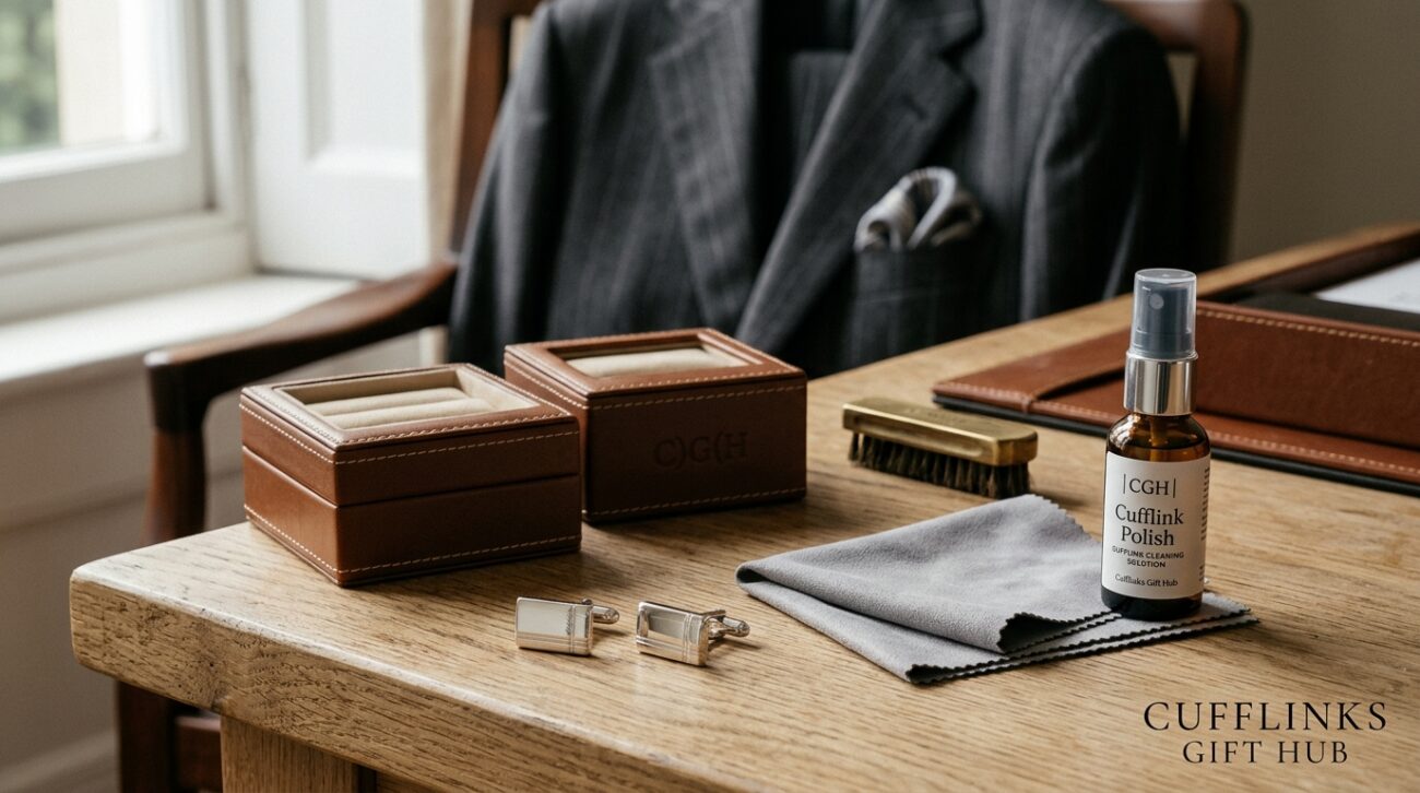 A stylish flat lay of cufflink maintenance tools arranged elegantly on a light wooden surface. In the foreground, polished silver cufflinks gleam next to a soft, gray microfiber cloth and a small spray bottle of cleaning solution. The middle layer features a pair of gleaming cufflink boxes in rich leather, exuding luxury. In the background, a blurred suit jacket is draped elegantly over a sophisticated chair, hinting at the context of stylish dressing. Soft, natural lighting streams in from the side, casting gentle shadows that enhance the textures. The overall mood is classy and refined, emphasizing the importance of maintaining cufflinks for a polished look. The brand "Cufflinks Gift Hub" subtly featured in a stylish, understated manner in the corner of the image.