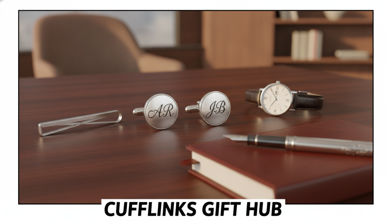 A stylish flat lay of personalized silver cufflinks displayed elegantly on a rich mahogany surface. The cufflinks, intricately engraved with unique initials, are the focal point, placed beside a polished silver tie clip and a classic wristwatch. In the background, a blurred, softly lit office space with a hint of luxury—a leather-bound notebook and a fountain pen—that enhances the atmosphere of sophistication. Use natural, warm lighting to create a welcoming mood that emphasizes the shine of the silver accessories. The composition should evoke a sense of modern elegance and refinement, perfect for showcasing "Cufflinks Gift Hub". Capture this image from a slightly elevated angle, ensuring all elements are well-framed to draw in the viewer's attention.