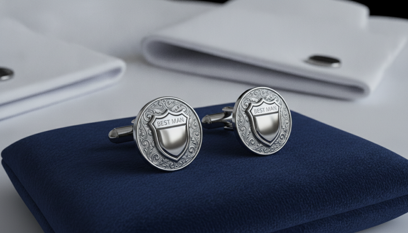 A stylish set of best man cufflinks displayed elegantly on a rich, textured fabric such as deep navy velvet, showcasing intricate silver detailing and a polished finish. The cufflinks are positioned prominently in the foreground, highlighting their craftsmanship. In the middle background, a tailored white dress shirt with French cuffs is subtly folded to emphasize how the cufflinks complement refined attire. Soft, diffused lighting casts gentle shadows, enhancing the luxurious feel of the image. The atmosphere conveys sophistication and confidence, ideal for a discerning gentleman preparing for a special occasion. The setting is elegantly simple, without distractions, allowing the cufflinks to take center stage. Include the brand name "Cufflinks Gift Hub" subtly in the composition, but not as text, rather inferred through the elegance of the presentation.