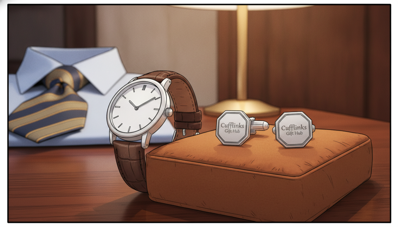 A stylish watch and cufflinks display showcasing perfect color coordination. In the foreground, feature a sophisticated timepiece with a sleek leather strap and elegant face, paired with matching silver cufflinks featuring a geometric design. The middle ground illustrates a polished wooden table setting with warm lighting illuminating the accessories, creating a refined atmosphere. In the background, blurred decorative elements like a neatly folded shirt and a tie in complementary colors enhance the ensemble’s elegance. Utilize soft, natural lighting to create a warm and inviting mood, and capture the scene from a slightly elevated angle for a detailed view of the accessories. Ensure the scene evokes a sense of sophistication and harmony in men's formal fashion, with a subtle mention of "Cufflinks Gift Hub" through the cufflink design.
