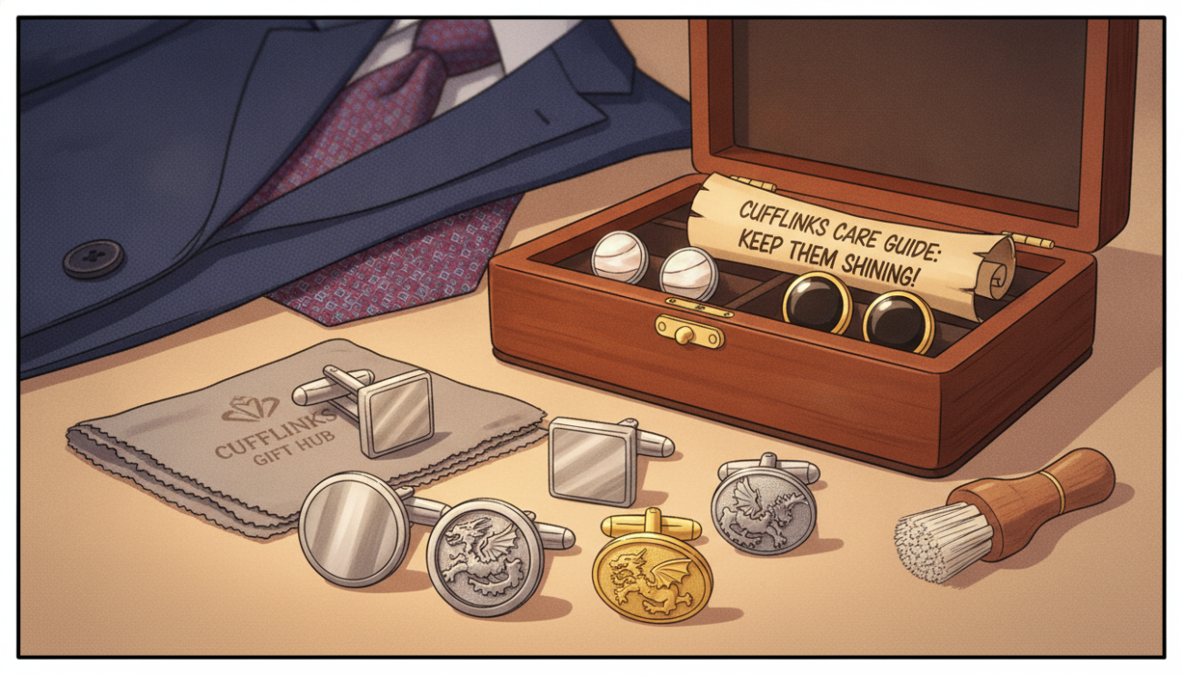 A well-lit, sophisticated flat lay image of elegant cufflinks and their care accessories, showcasing a variety of styles and materials. In the foreground, polished silver and gold cufflinks, some with intricate designs, alongside a small polishing cloth and a gentle brush for maintenance. The middle ground features a luxurious wooden cufflink box, slightly open to reveal more cufflinks and care instructions neatly arranged inside. The background is softly blurred, incorporating elements like a tailored suit jacket and a subtle hint of a classic tie, suggesting a refined atmosphere. Use warm, diffused lighting to create a cozy and inviting mood. Emphasize quality and elegance, reflecting the branding of "Cufflinks Gift Hub".
