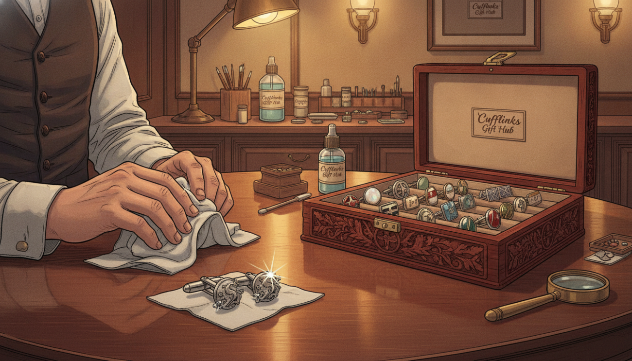 A well-organized workspace showcasing the care and maintenance of elegant cufflinks, centered around a polished wooden table. In the foreground, an artisan's hands, clad in professional attire, gently cleaning a pair of silver cufflinks with a soft cloth. The cufflinks are embellished with intricate designs, reflecting light beautifully. In the middle, an exquisite wooden box holds an array of cufflinks, hinting at personalization options. In the background, a softly lit room with warm, ambient lighting highlights a display of cufflink materials and tools, such as a brush and cleaner. The atmosphere is serene and sophisticated, inviting a sense of elegance and care. The branding "Cufflinks Gift Hub" subtly integrated into the scene.