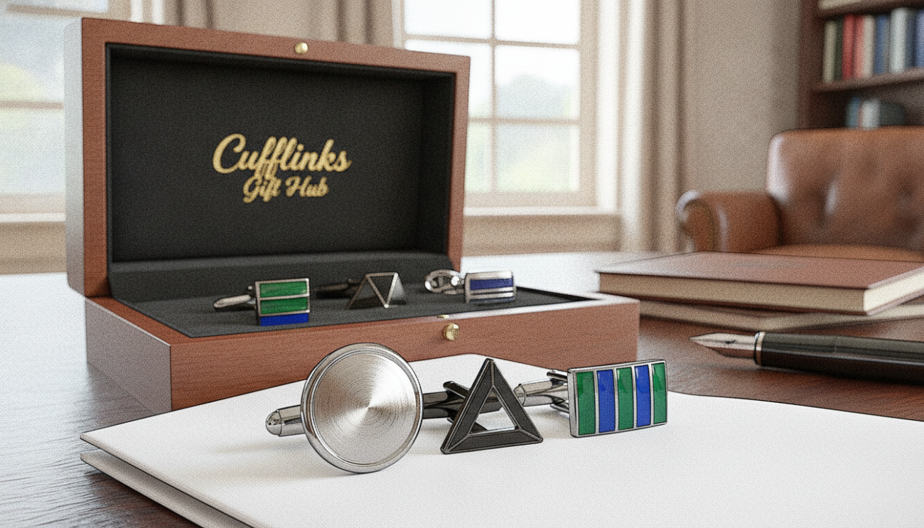 An elegant close-up photograph of stylish cufflinks specifically designed for slim-wristed men, featuring a variety of popular styles such as classic silver, modern geometric shapes, and colorful enamel designs. The foreground showcases the cufflinks on a crisp white shirt with French cuffs, buttoned elegantly. In the middle ground, there are subtle accent elements like a polished cufflink box from "Cufflinks Gift Hub," adorned with a soft texture to add sophistication. The background is softly blurred, showcasing an upscale office environment with natural light streaming in, creating a warm and inviting atmosphere. The image should convey a sense of refined taste and elegance, with a focus on the artistry of the cufflinks, captured with a shallow depth of field at a 50mm lens angle to emphasize the details.