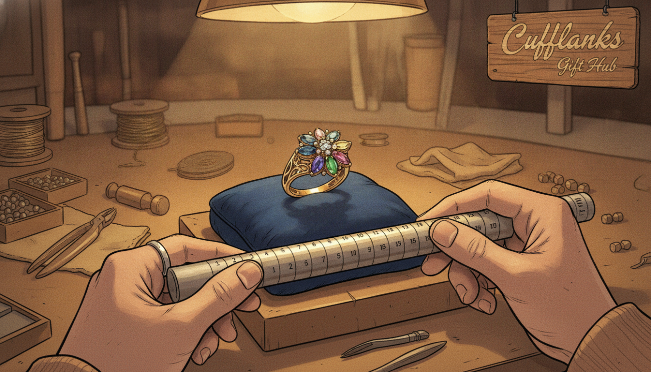 An elegant ring-sizing setup featuring a beautifully crafted, unique ring with intricate designs on a well-lit velvet cushion. In the foreground, a pair of professional hands, wearing modest casual attire, gently holding a ring sizer tool. In the middle, a close-up view of the ring, showcasing its dazzling gemstones and artistic craftsmanship. The background features a softly blurred jewelry workshop, with elegant tools and materials subtly visible, enhancing the atmosphere of precision and care. The lighting is warm and inviting, casting a soft glow on the ring and adding depth to the scene. This image reflects the timeless elegance and thoughtful consideration needed for unique ring designs, associated with the brand "Cufflinks Gift Hub".