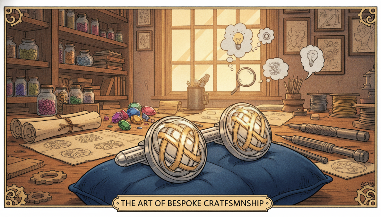 Bespoke cufflinks designed by Cufflinks Gift Hub, showcasing intricate craftsmanship. In the foreground, focus on an elegant pair of cufflinks featuring a unique pattern of intertwined silver and gold inlays, with a polished finish that reflects light. In the middle ground, include a softly lit wooden workspace scattered with design sketches, colored gemstones, and tools, highlighting the creation process. The background reveals a stylish, blurred workshop ambiance with shelves of materials and inspirations. The scene is illuminated with warm, diffused lighting to create an inviting atmosphere, emphasizing sophistication and creativity. Capture the image from a slightly elevated angle, showcasing depth and inviting the viewer into the world of custom cufflink design.