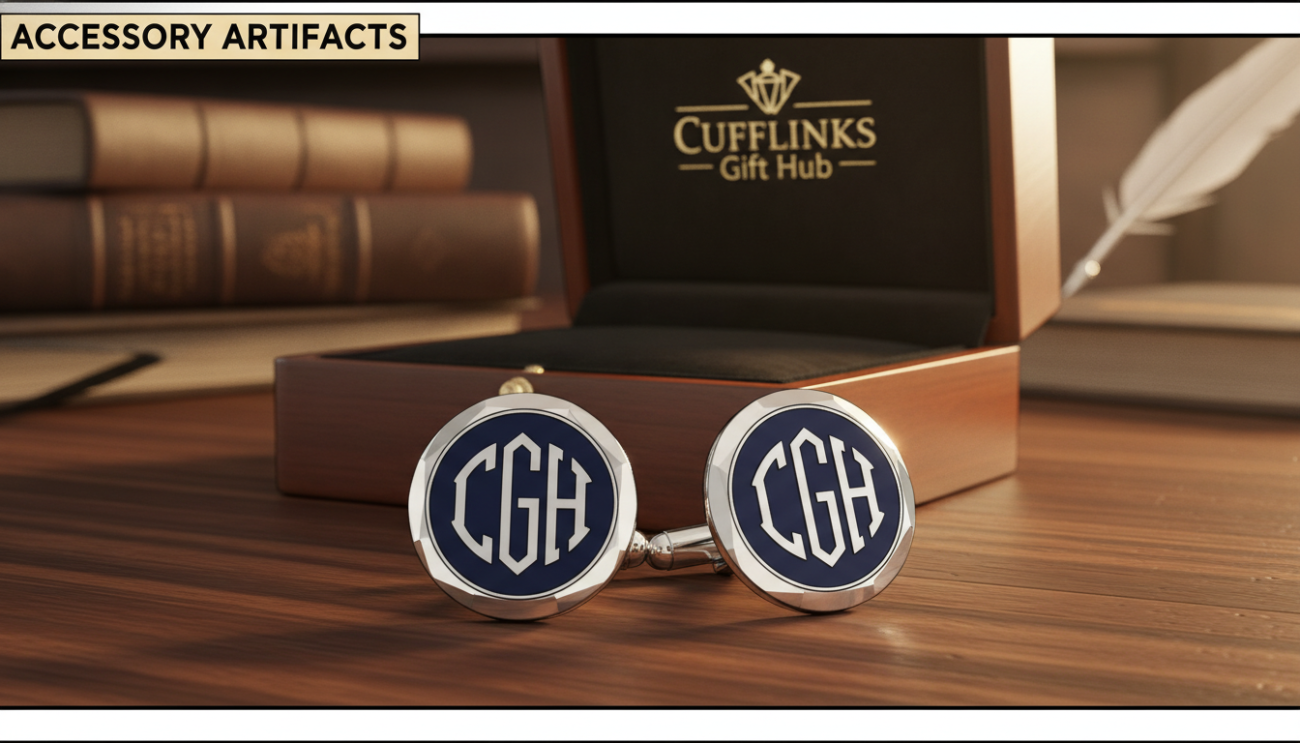 Bespoke cufflinks elegantly displayed in a close-up shot, showcasing intricate designs that incorporate elegant initials, polished metals, and unique textures. The foreground features a pair of cufflinks with a mix of navy blue enamel and silver accents, reflecting light beautifully. In the middle ground, an elegantly designed cufflink box is partially visible, hinting at luxurious packaging. The background is softly blurred, with wooden textures suggesting a sophisticated workspace. The lighting is warm and inviting, casting gentle highlights on the cufflinks, creating a luxurious atmosphere. The entire composition conveys a sense of style and refinement, perfect for an upscale accessory article. The brand "Cufflinks Gift Hub" is subtly suggested through the elegant presentation style.
