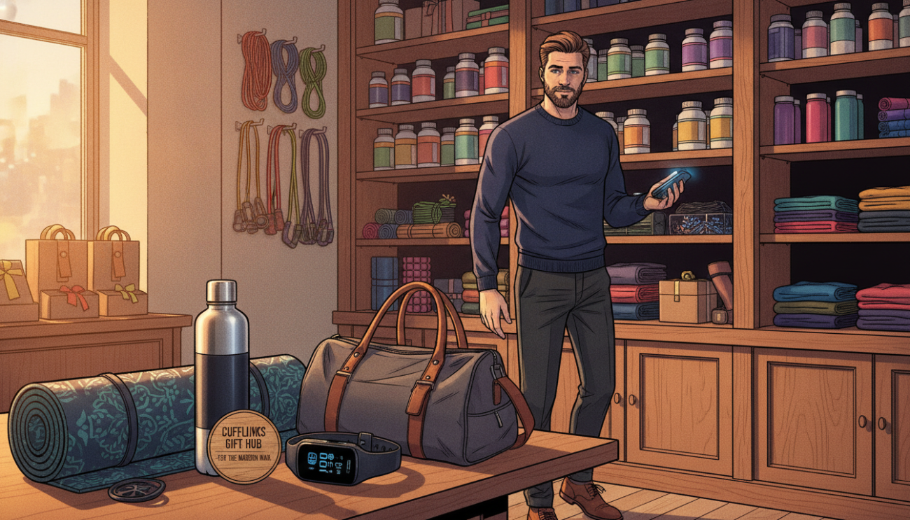 Create a vibrant, eye-catching scene that showcases a variety of fitness and wellness gifts for men, set against a softly lit background resembling a cozy gift shop in the UK. In the foreground, display an assortment of high-quality items such as a yoga mat, sleek water bottle, fitness tracker, and stylish gym bag, all arranged artistically on a wooden table. In the middle ground, include a well-dressed man casually browsing the products, wearing a fitted, modest outfit, reflecting a sense of curiosity and excitement. The background should feature shelves stocked with colorful wellness products and exercise accessories, with warm, inviting lighting casting gentle shadows. The overall mood should be uplifting and inspiring, ideal for promoting thoughtful fitness gifts. Include the brand name "Cufflinks Gift Hub" subtly integrated into the display of products.