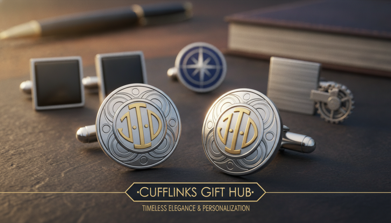Custom cufflinks designed for the discerning gentleman, featuring a mix of polished silver and gold accents. The foreground showcases an elegant pair of cufflinks, intricately engraved with classic patterns and personalized initials, reflecting craftsmanship. In the middle ground, softly blurred, there's an assortment of cufflinks made from diverse materials like stainless steel, onyx, and enamel, emphasizing the variety available. The background is a blurred image of a sophisticated wooden desk, enhancing a luxurious atmosphere. Soft, warm lighting highlights the sheen of the cufflinks, creating a refined and inviting mood. The focal point is captured with a macro lens to bring out the fine details, embodying confidence and elegance. This image represents "Cufflinks Gift Hub," showcasing timeless elegance and personalization in men's cufflinks.