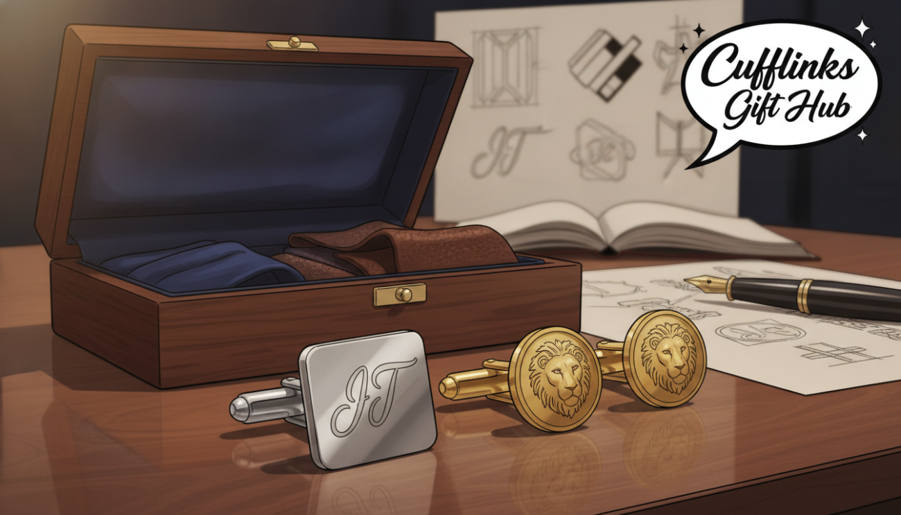 Custom cufflinks displayed elegantly on a sophisticated wooden table, showcasing an array of personalised designs. The foreground features a polished silver cufflink engraved with initials, alongside a gold pair adorned with a subtle emblem, both catching soft, ambient light. In the middle, a stylish cufflink box is partially open, revealing various fabric swatches for customization options like silk and leather. The background includes a blurred glimpse of a well-organized workspace with design sketches and a sophisticated pen, suggesting a creative atmosphere. The lighting is warm and inviting, emphasizing the craftsmanship and elegance of the cufflinks. The image embodies a professional yet personal touch, perfect for "Cufflinks Gift Hub".