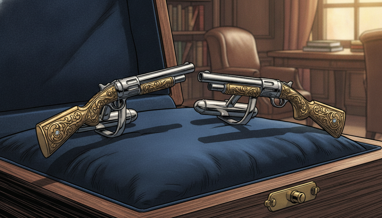 Detailed and elegant shotgun cufflinks prominently displayed in the foreground, showcasing intricate designs and fine craftsmanship. The cufflinks are designed to resemble miniature shotguns, glimmering with silver and gold tones under soft, diffused lighting that highlights their details. In the middle ground, a luxurious velvet display box is partially open, emphasizing the cufflinks as a premium gift. The background features a blurred elegant office setting, with soft-focus elements like polished wood and subtle decor that suggest sophistication and style. The overall mood is refined and upscale, evoking a sense of exclusivity. The brand "Cufflinks Gift Hub" is subtly represented through the cufflinks' design and aesthetic without any text or branding elements.