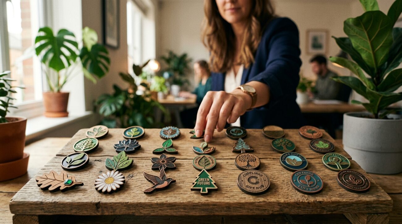 Eco-friendly bespoke badges and corporate pins designed by Cufflinks Gift Hub. In the foreground, showcase a collection of elegantly crafted lapel pin badges featuring nature-inspired designs, such as leaves and flowers, made from sustainable materials like wood and recycled metals. Arrange them on a rustic wooden display, highlighting their unique textures and colors. In the middle ground, a blurred hand reaches for one of the pins, accentuating a sense of personalization and choice. The background features a soft-focus office setting with greenery, enhancing the eco-friendly theme. Employ warm, natural lighting to create an inviting atmosphere. Use a shallow depth of field to draw attention to the badges, capturing the essence of stylish and sustainable fashion accessories.