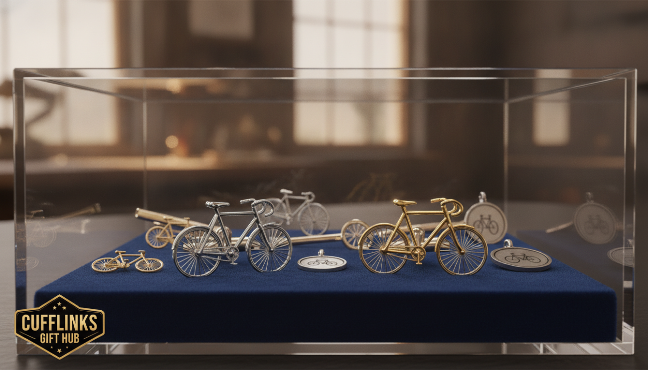 Elegant bicycle-themed jewellery showcased in a sleek display. In the foreground, a pair of intricately designed cufflinks shaped like vintage bicycles, with polished silver and gold finishes reflecting light beautifully. The middle section features a subtle assortment of bicycle-themed accessories, like miniature bike charms and engraved bicycle wheels, all arranged on a soft velvet cushion. The background includes a blurred workshop setting with soft ambient lighting, highlighting the craftsmanship of each piece. The atmosphere is sophisticated and refined, suggesting a tasteful celebration of cycling culture. The scene is shot with a macro lens to emphasize details, creating a mood of elegance and creativity. Designed for "Cufflinks Gift Hub," this image encapsulates contemporary trends in cufflink design.