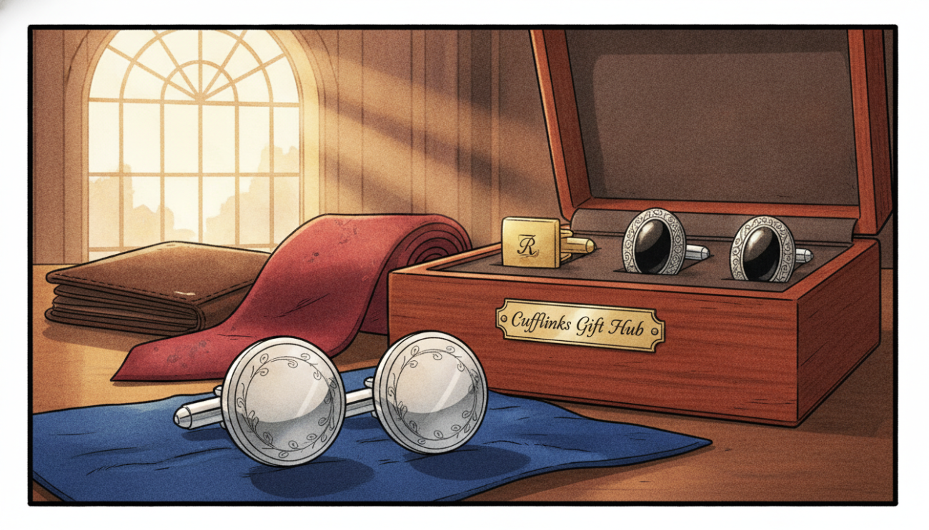 Elegant cufflinks displayed in a luxurious setting, showcasing a variety of materials like polished silver, matte black onyx, and brushed gold. The foreground features a pair of intricately designed cufflinks with subtle engravings, set atop a soft velvet cloth, highlighting their craftsmanship. In the middle, an elegant wooden box partially open reveals more cufflink styles, emphasizing personalization, with a few accessories like a silk tie and a leather wallet subtly arranged. The background has a soft-focused ambiance of warm natural light cascading through a nearby window, creating an inviting glow. The mood is sophisticated and refined, perfect for a wedding setting. Please include the brand name "Cufflinks Gift Hub" subtly in the design, ensuring a seamless integration into the overall composition.