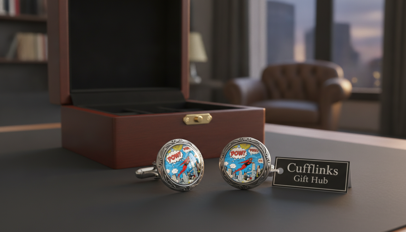 Elegant photo cufflinks displayed prominently in a soft-focus foreground, showcasing intricate designs that capture cherished memories. The cufflinks feature clear glass surfaces with vivid images reflecting personal experiences, adding a touch of sophistication to formal attire. In the middle ground, a sleek, polished wooden cufflink box enhances the luxurious presentation, softly illuminated by gentle, ambient lighting that highlights the craftsmanship of each piece. The background features a blurred, stylish office setting with warm tones, exuding a professional atmosphere. The mood is refined and confident, illustrating the timeless elegance these cufflinks bring to any outfit. Capture this scene with a slightly elevated angle to emphasize the cufflinks, ensuring the brand name "Cufflinks Gift Hub" is subtly represented through a branded tag nearby.
