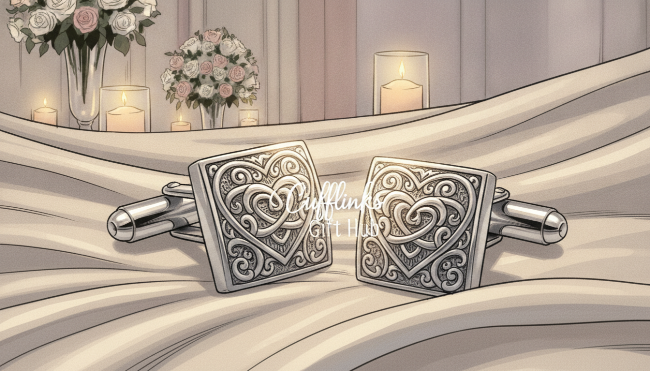 Elegant wedding cufflinks displayed prominently in the foreground, featuring a polished silver finish with intricate designs, such as intertwined hearts and floral motifs. The middle layer showcases a luxurious satin fabric in soft ivory tones, draping gently to enhance the sophisticated atmosphere. In the background, hint of wedding décor, like soft floral arrangements and tasteful candlelight, creates a romantic ambiance. The lighting is warm and inviting, with a slight glimmer reflecting off the cufflinks to highlight their craftsmanship. The image should embody elegance and celebration, conveying the essence of a perfect wedding day. Ensure "Cufflinks Gift Hub" is subtly integrated into the design, without any text overlays. Capture this scene from a slightly elevated angle to provide a clear view of the cufflinks and their exquisite detailing.