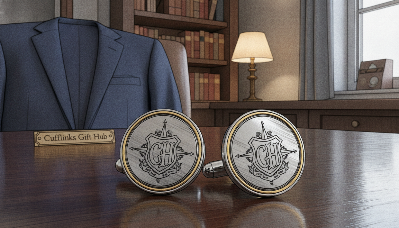 Engraved cufflinks for him, showcasing intricate designs of monograms and symbols, resting elegantly on a polished wooden surface. The foreground features close-up details of the cufflinks, highlighting their shiny metallic finish and personalized engravings. In the middle ground, a classic navy blue suit jacket drapes softly, enhancing the sophistication of the scene. The background is softly blurred, featuring a hint of a tastefully decorated office space with warm lighting that creates a cozy yet classy atmosphere. Use a shallow depth of field to emphasize the cufflinks while keeping the focus clear. The overall mood conveys timeless elegance and personalization, ideal for expressing individuality. Include the brand name "Cufflinks Gift Hub" subtly integrated into the setting, ensuring the image remains free of captions or watermarks.