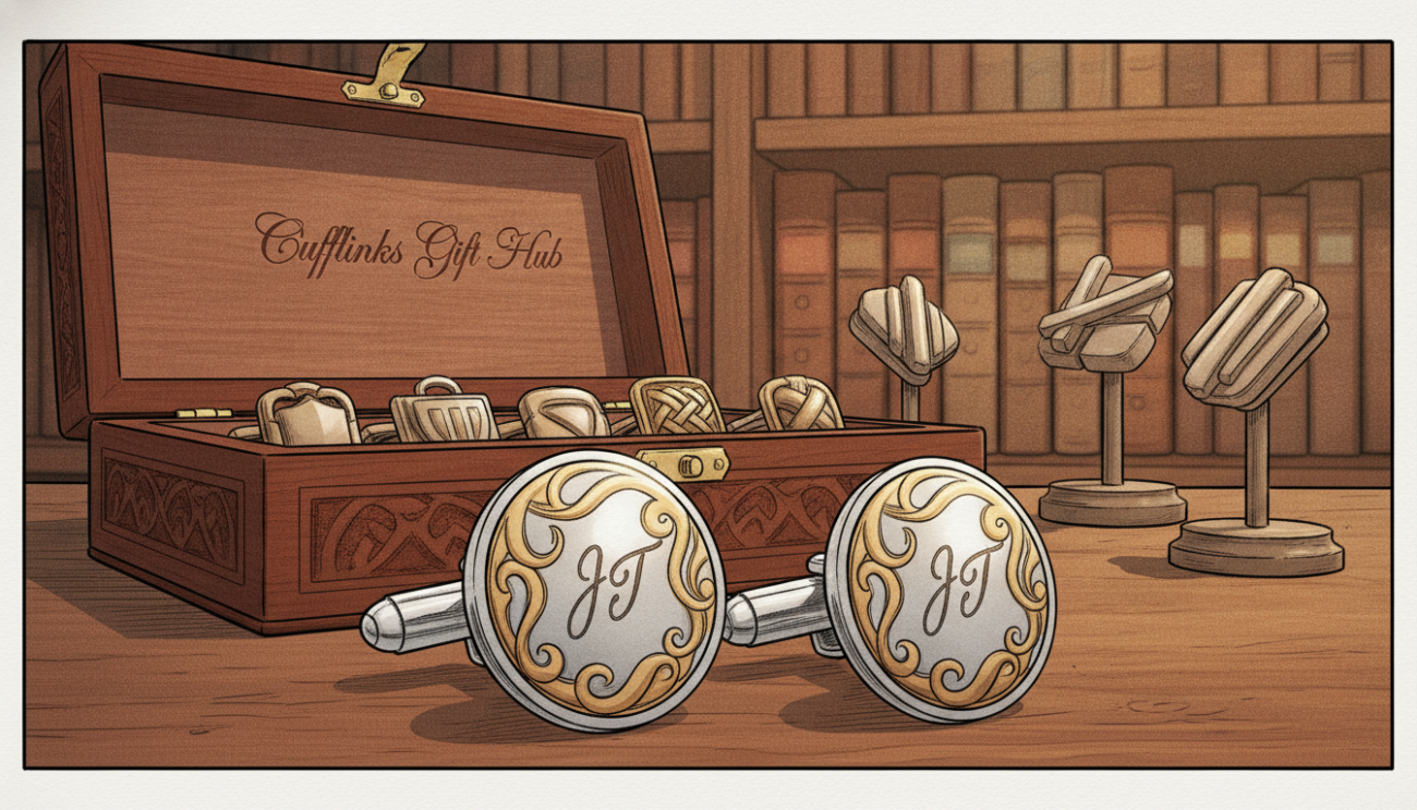 Engraved cufflinks for men displayed prominently in the foreground, showcasing intricate designs and personalized initials. The cufflinks, crafted from polished silver and gold, gleam under soft, diffused lighting that highlights their textures. In the middle ground, a beautifully ornate wooden box opens to reveal additional cufflink styles, suggesting a rich history. The background features a blurred vintage bookshelf adorned with leather-bound books and antique cufflink designs, evoking a sense of elegance and refinement. The atmosphere is sophisticated and timeless, ideal for a classic wardrobe. Capture this scene with a warm color palette and a shallow depth of field to draw the viewer's focus to the cufflinks. Include the brand name “Cufflinks Gift Hub” subtly integrated into the image without text overlays.