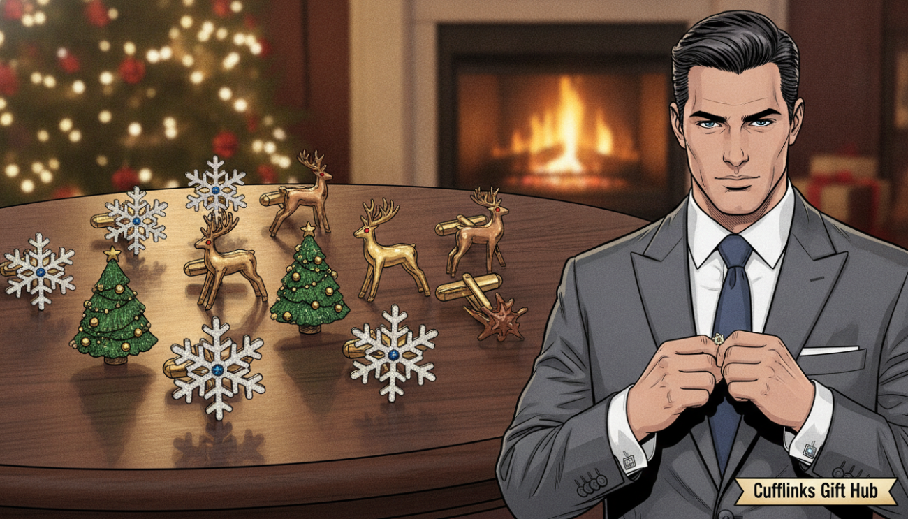 Festive cufflinks arranged elegantly on a polished wooden table, showcasing a variety of designs such as snowflakes, Christmas trees, and subtle reindeer motifs. The cufflinks should sparkle with intricate details, reflecting holiday colors like rich reds, deep greens, and shimmering golds. In the background, a softly blurred festive setting with twinkling fairy lights and a cozy fireplace creates a warm, inviting atmosphere. Use soft, diffused lighting to enhance the luxurious feel, with a shallow depth of field to maintain focus on the cufflinks. A professional male model wearing a smart suit with a crisp white shirt is adjusting his cufflinks, exuding sophistication. The overall mood should be festive yet elegant, embodying the essence of timeless appeal. Display the brand name "Cufflinks Gift Hub" subtly in the corner of the image.