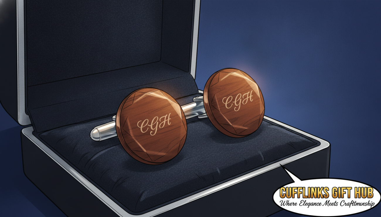 High-quality brown cufflinks showcased in an elegant display. In the foreground, focus on a pair of polished, luxurious brown cufflinks made of rich mahogany wood and stainless steel, reflecting soft light to highlight intricate details like engraving and a glossy finish. In the middle ground, a stylish black silk cufflink box opens slightly, emphasizing sophistication. The background features a subtle gradient of deep navy blue for an elegant contrast that enhances the brown hues of the cufflinks. Soft, diffused lighting creates a warm, inviting atmosphere, accentuating the craftsmanship. Shot from a slightly elevated angle, the composition conveys a sense of luxury, ideal for discerning shoppers exploring options at "Cufflinks Gift Hub."