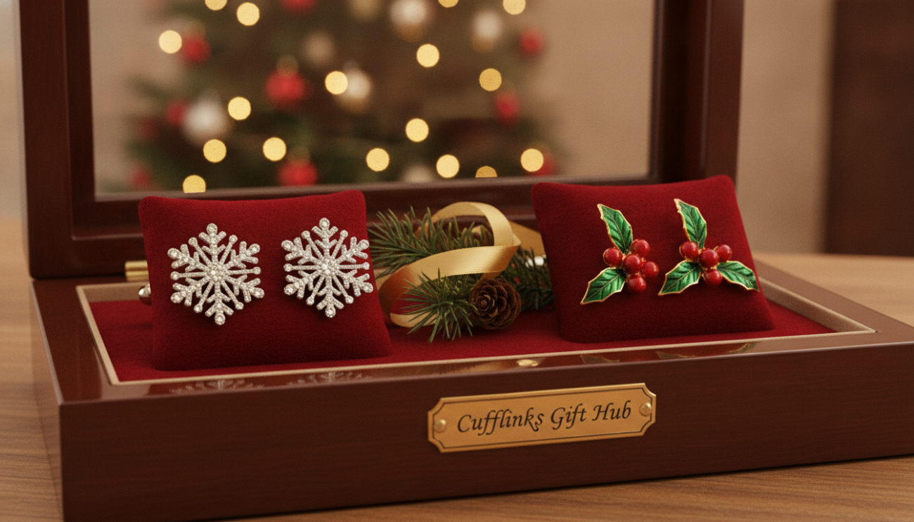 Holiday cufflinks elegantly displayed in an upscale setting, showcasing intricate designs that reflect classic Christmas motifs like snowflakes, holly, and ornaments. The foreground features a polished wooden display case, with two pairs of cufflinks neatly arranged on soft, velvet pillows. In the middle, a subtle but luxurious gold ribbon and a sprig of evergreen enhance the festive ambiance. The background includes a softly blurred view of a warmly lit room, decorated with twinkling Christmas lights and a beautifully adorned tree, creating a cozy holiday atmosphere. The lighting is soft and warm, evoking a feeling of elegance and timeless appeal. Shot with a macro lens to capture the fine details of the cufflinks, branded as "Cufflinks Gift Hub," emphasizing their premium quality and craftsmanship.