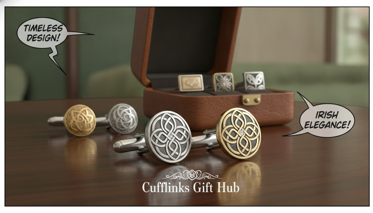 Irish cufflinks displayed elegantly on a dark, polished wooden surface, highlighting their intricate Celtic knot designs in silver and gold tones. The foreground features a close-up of the cufflinks with a soft, diffused lighting that accentuates their craftsmanship and shimmering details. In the middle ground, a handcrafted leather cufflink box partially open reveals more cufflinks, showcasing various styles and finishes, reflecting the diversity of Irish heritage. The background is softly blurred, suggesting a sophisticated setting with shades of green and earth tones, evoking the lush landscapes of Ireland. Shot with a shallow depth of field at a 45-degree angle to capture depth and elegance, emitting a refined and timeless atmosphere, suitable for the brand "Cufflinks Gift Hub".