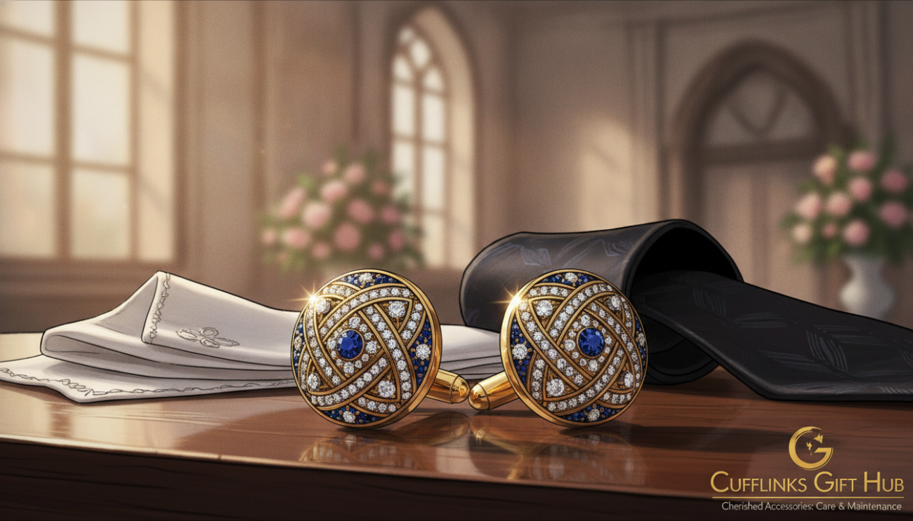 Luxury wedding cufflinks displayed elegantly on a polished wooden surface, featuring intricate designs in gold and silver, adorned with small, sparkling gemstones. In the foreground, focus on the cufflinks to highlight their refined craftsmanship and detail. The middle layer includes a softly blurred white silk pocket square and a classic black tie to create a sophisticated atmosphere. The background is subtly toned down with a faintly blurred image of a wedding venue. Soft, warm lighting enhances the overall elegance, emphasizing the shine of the cufflinks while casting gentle shadows. The mood is upscale and inviting, perfect for showcasing the luxurious quality of "Cufflinks Gift Hub" products, reinforcing the theme of care and maintenance for cherished accessories.