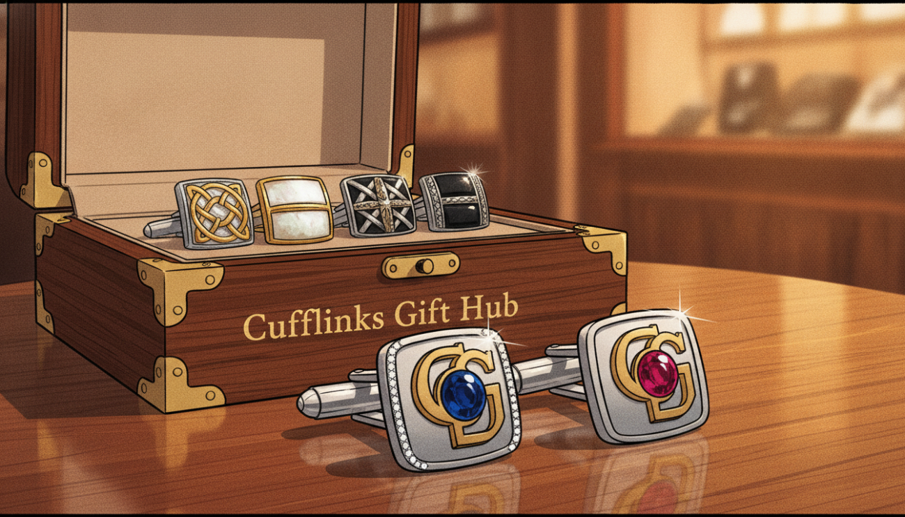 Luxury wedding cufflinks displayed elegantly on a polished wooden surface. The foreground features a pair of exquisite cufflinks crafted from high-quality materials like sterling silver and adorned with intricate designs, perhaps with inlaid gemstones or enamel detailing. The middle layer captures an elegant jewelry box partially opened, showcasing additional cufflink options, each reflecting refined craftsmanship. The background is softly blurred with warm, ambient lighting, highlighting the richness and details of the cufflinks. A shallow depth of field creates a focus on the cufflinks, enhancing their sparkle and luxurious feel. The atmosphere is sophisticated and timeless, embodying the elegance of men's wedding accessories, presented by Cufflinks Gift Hub.